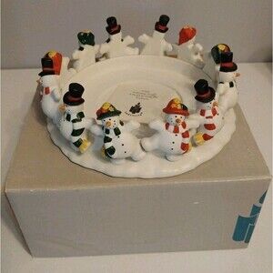 Vintage 1990s Snowman Ring Candle Holder Ceramic Christmas Holiday Decor